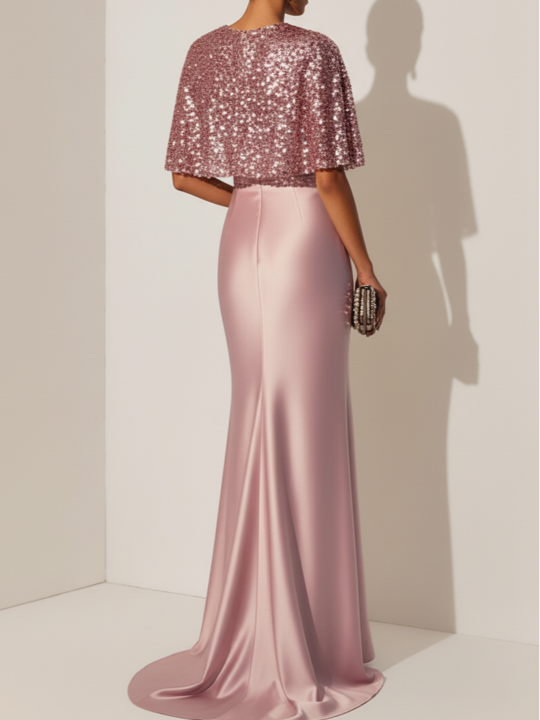 Light Pink Glitter Satin Wrap Sleeveless Sheath Gown Dress