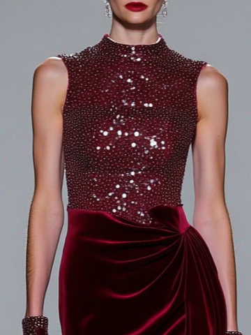Burgundy Ruched Glitter Velvet Crew Neck Sleeveless Mermaid Gown Dress