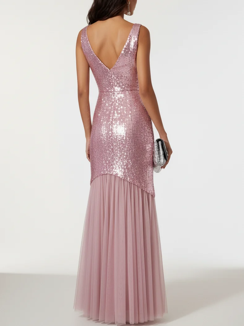 Pink Pleated Sequin V Neck Sleeveless Mermaid Maxi Dress