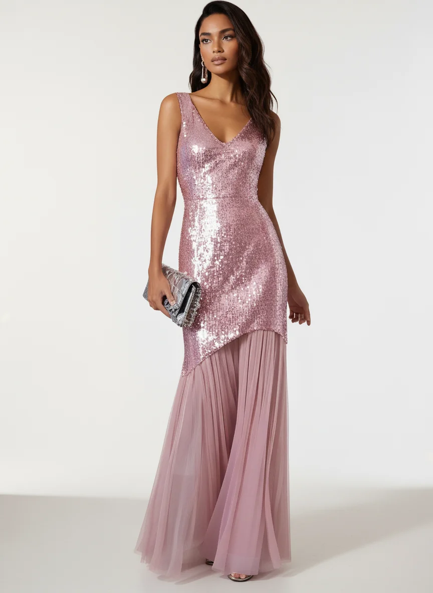 Pink Pleated Sequin V Neck Sleeveless Mermaid Maxi Dress