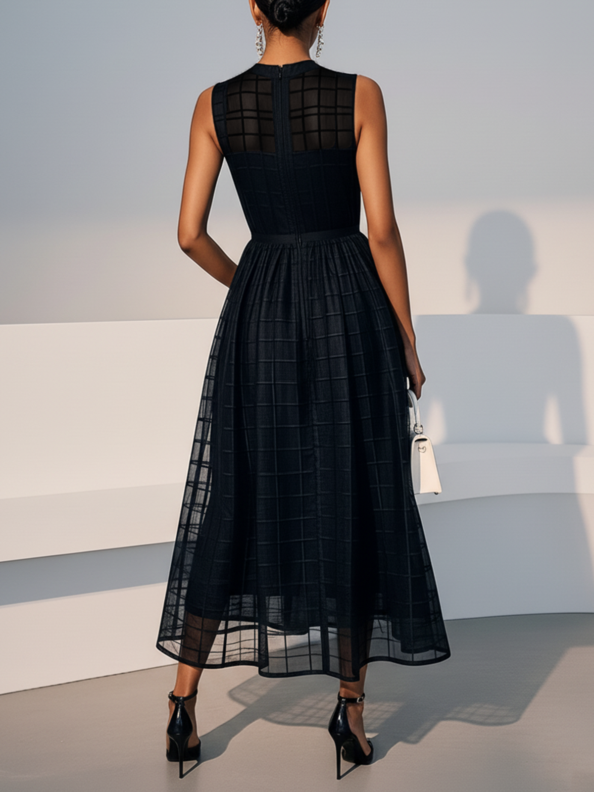 Black Organza Mesh Plaid Classic Crew Neck Sleeveless A-Line Midi Dress