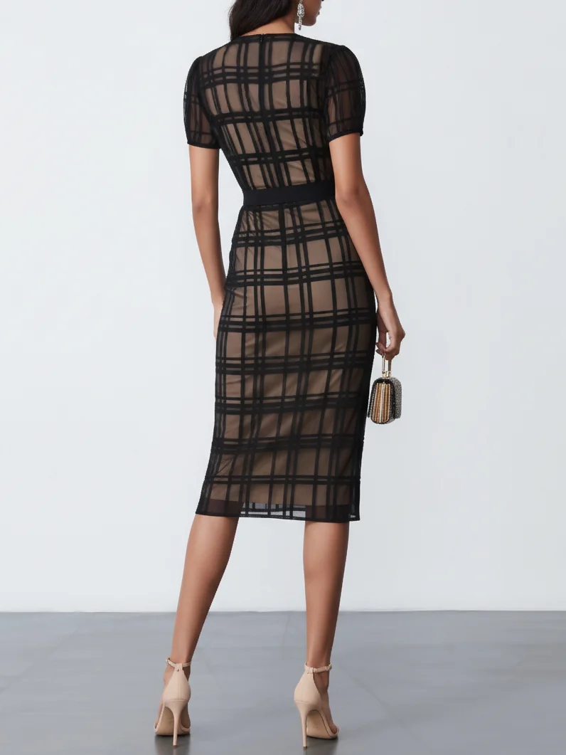 Black Organza Plaid Classic V Neck Short Sleeve Sheath Midi Dress