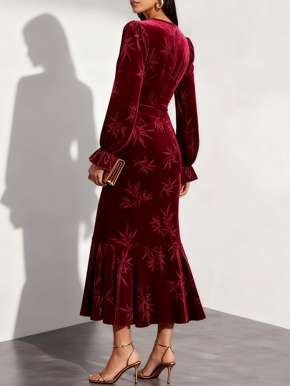 Wine Red Embossed Velvet V Neck Long Sleeve Bell Sleeve Mermaid Maxi Dress