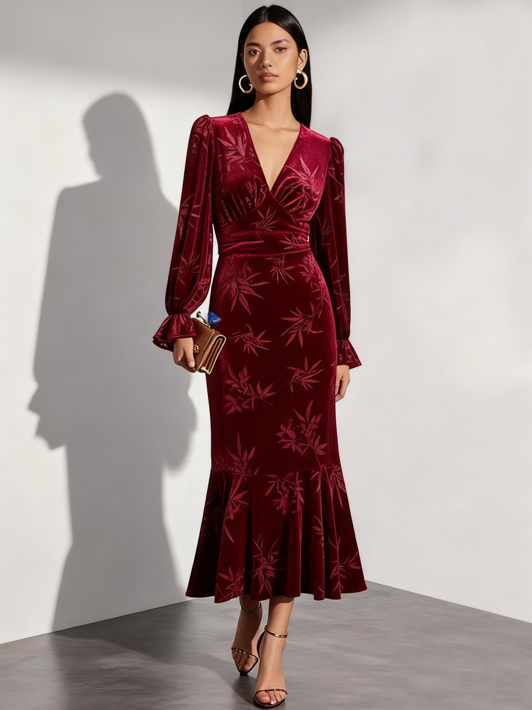 Wine Red Embossed Velvet V Neck Long Sleeve Bell Sleeve Mermaid Maxi Dress