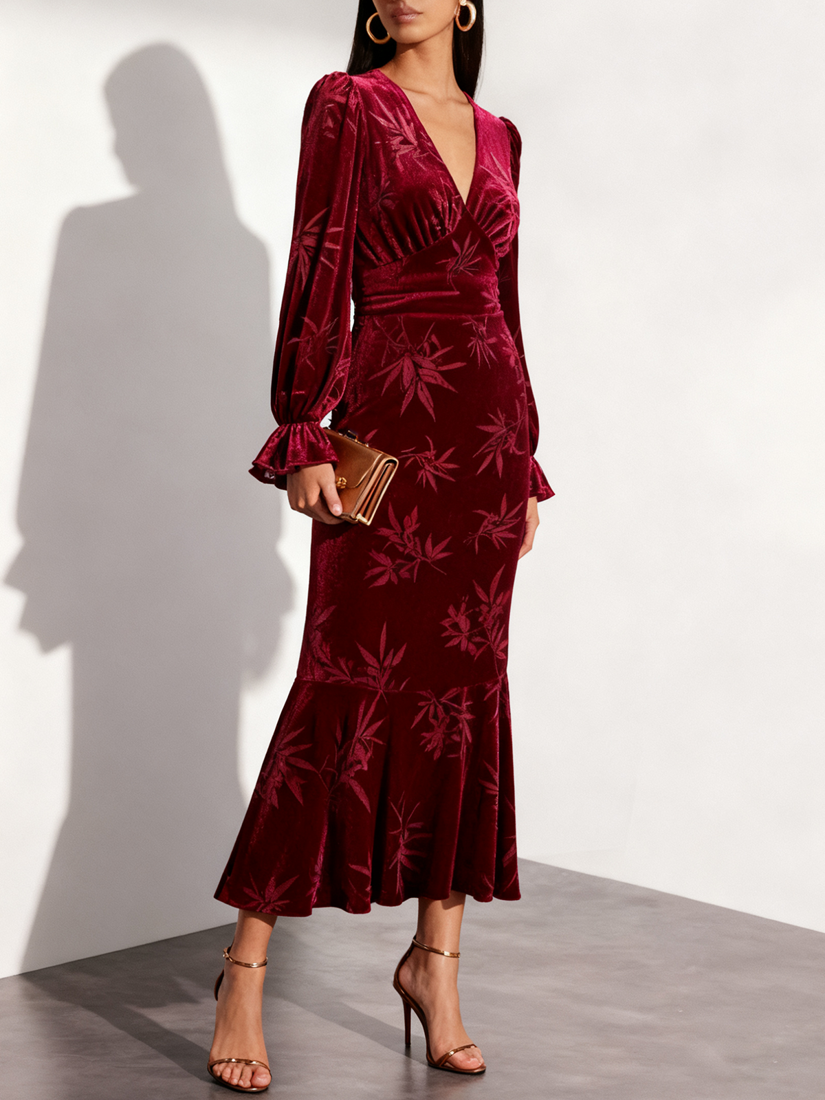 Wine Red Embossed Velvet V Neck Long Sleeve Bell Sleeve Mermaid Maxi Dress
