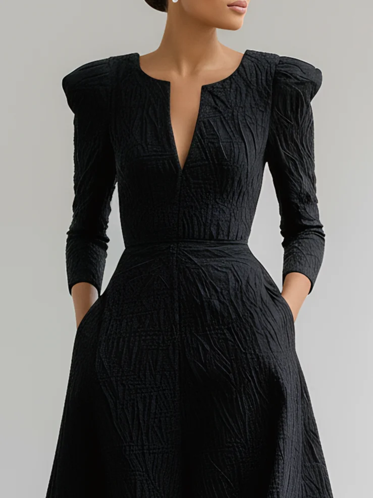 Black Jacquard Classic Notched Long Gigot Sleeve A-Line Maxi Dress