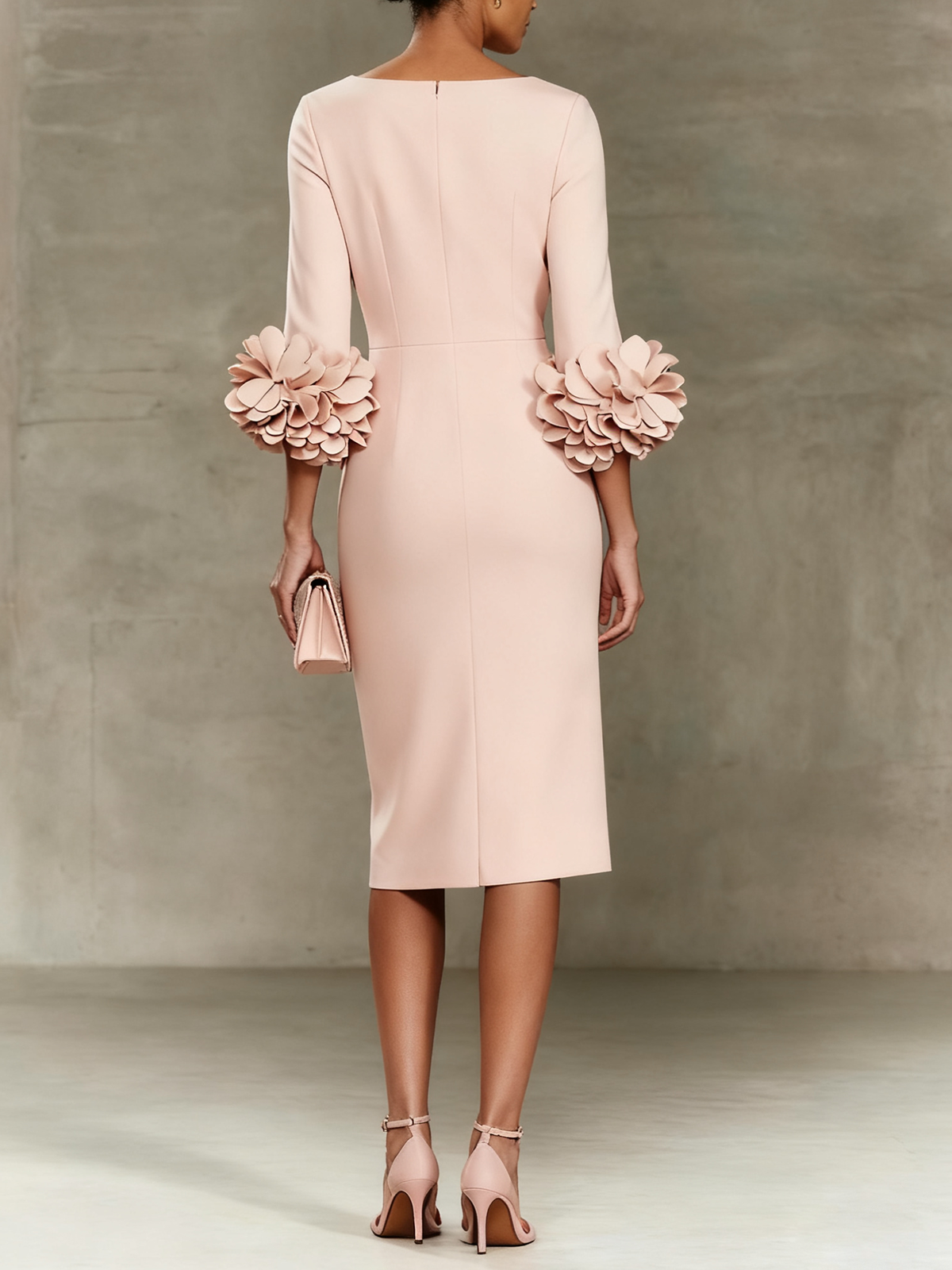 Light Pink 3D Floral Classic Crew Neck Half Sleeve Sheath Midi Dress