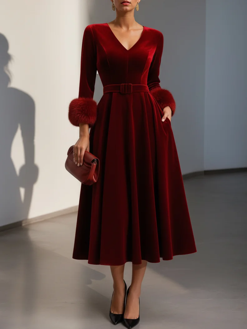 Burgundy Faux Fur Velvet V Neck Half Sleeve A-Line Midi Dress