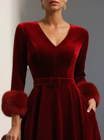 Burgundy Faux Fur Velvet V Neck Half Sleeve A-Line Midi Dress