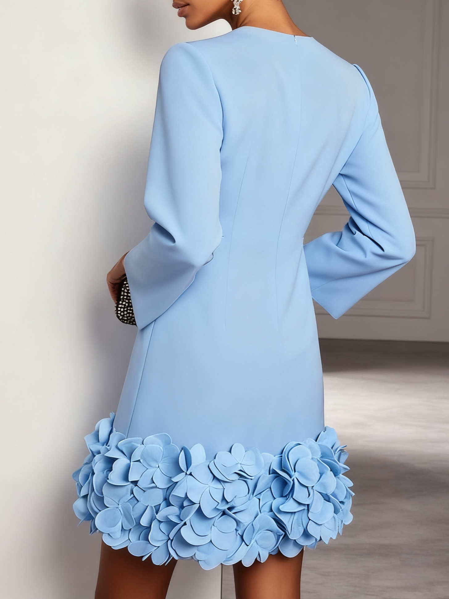 Light Blue 3D Floral Classic Crew Neck Bell Long Sleeve Shift Mini Dress