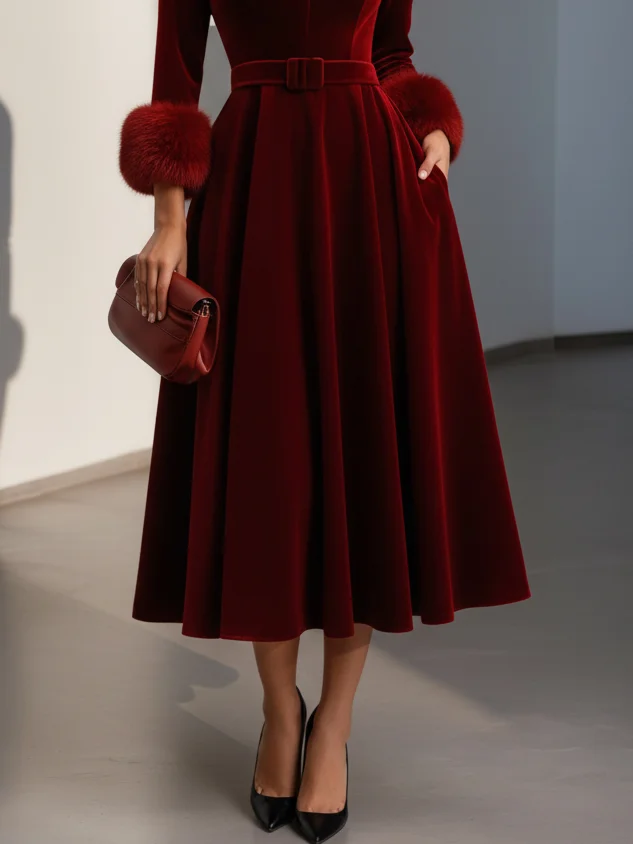 Burgundy Faux Fur Velvet V Neck Half Sleeve A-Line Midi Dress