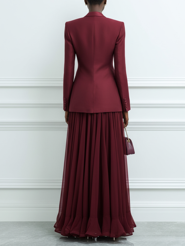 Women Wine Red Lapel Collar Long Sleeve Dressy Dress With Coat Two-Piece Set