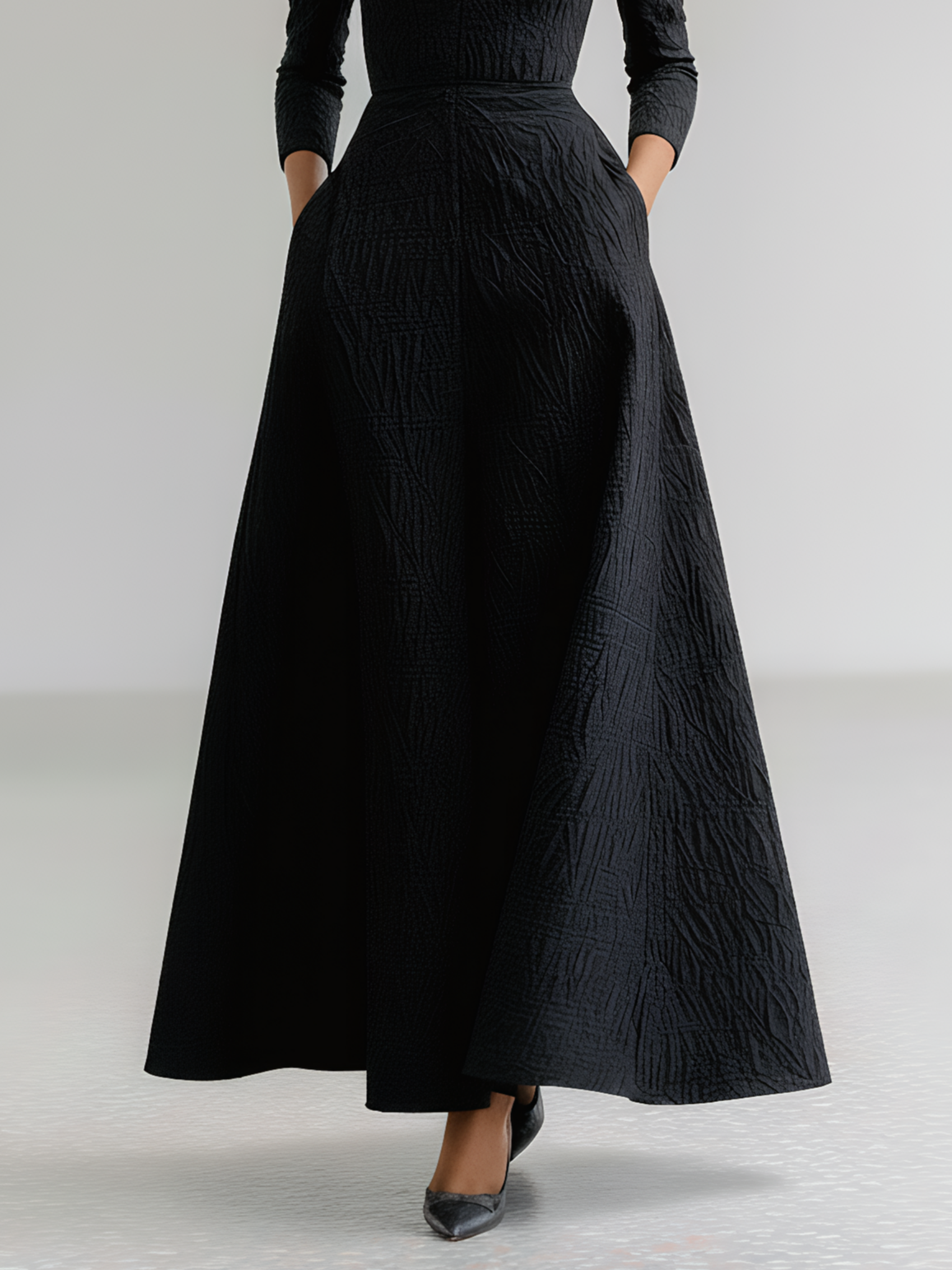 Black Jacquard Classic Notched Long Gigot Sleeve A-Line Maxi Dress