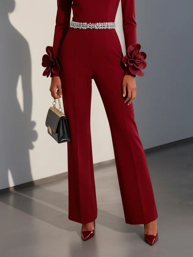 Women Burgundy 3D Floral Rhinestone V Neck Long Sleeve Dressy Jumpsuit