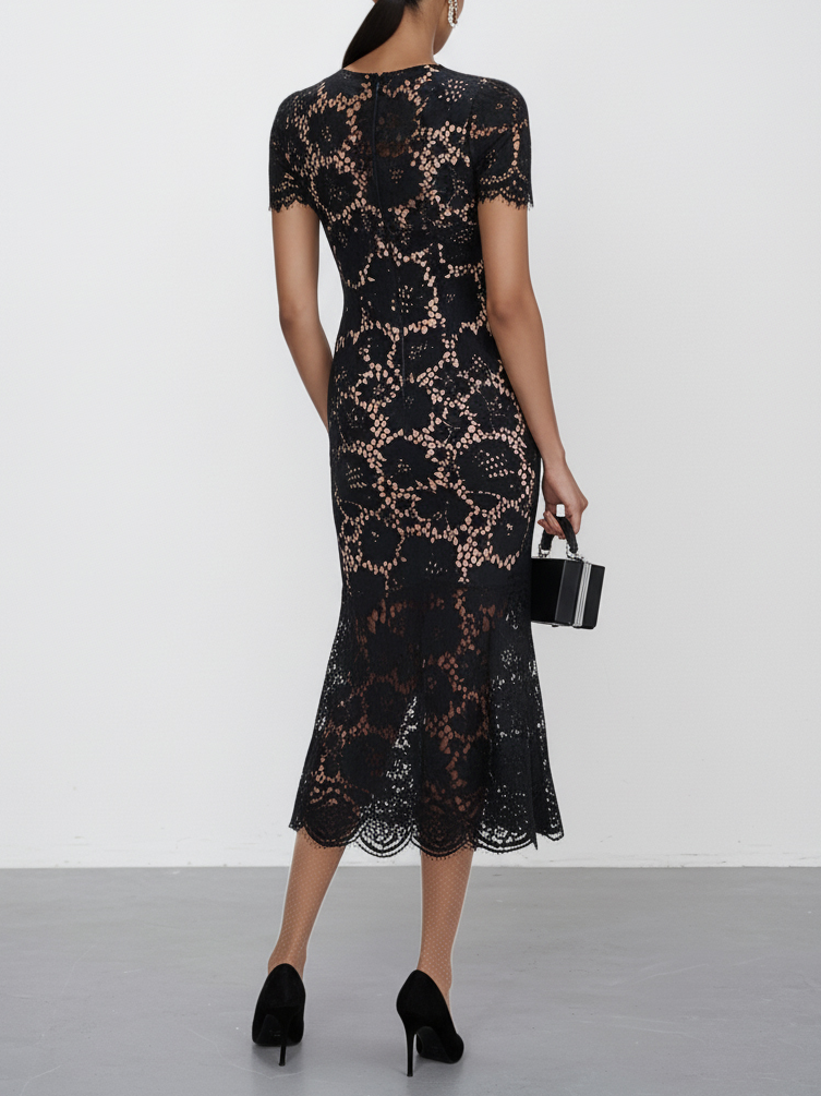 Black Lace Edge Lace V Neck Short Sleeve Mermaid Midi Dress