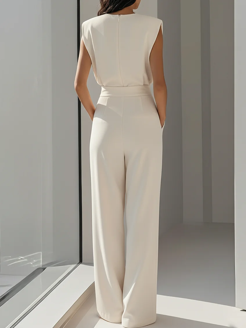 Women Off White Crew Neck Sleeveless Dressy Jumpsuit With Pockets