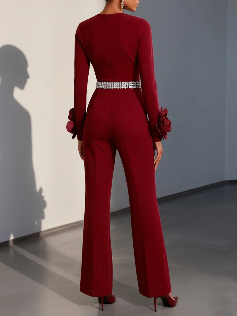 Women Burgundy 3D Floral Rhinestone V Neck Long Sleeve Dressy Jumpsuit