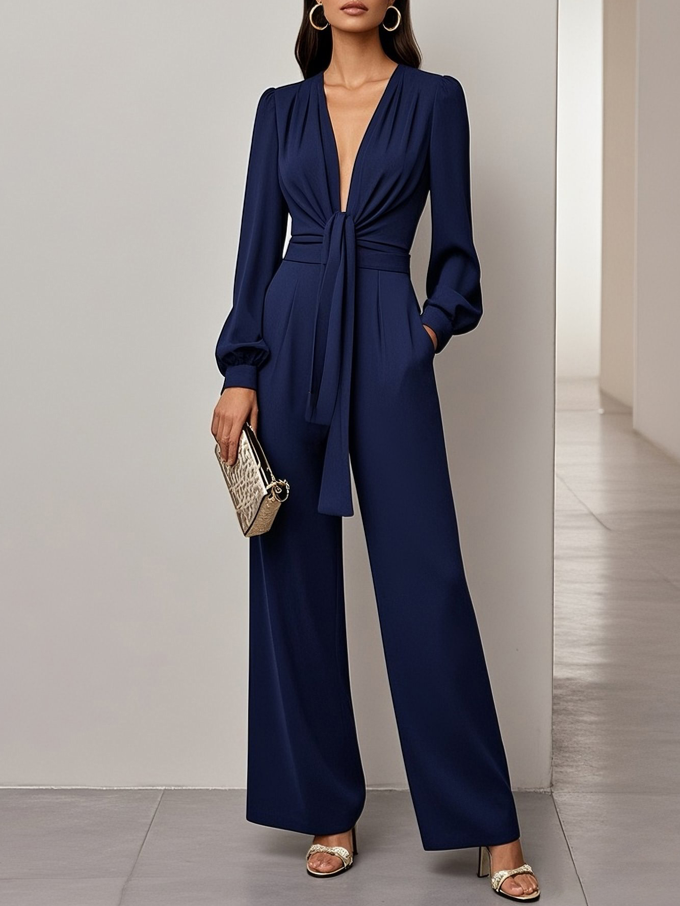 Women Purplish Blue Knot Front Deep V Neck Long Sleeve Balloon Sleeve Dressy Jumpsuit