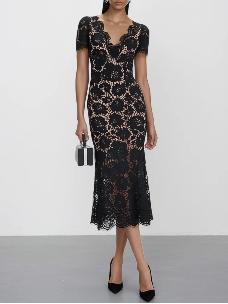 Black Lace Edge Lace V Neck Short Sleeve Mermaid Midi Dress