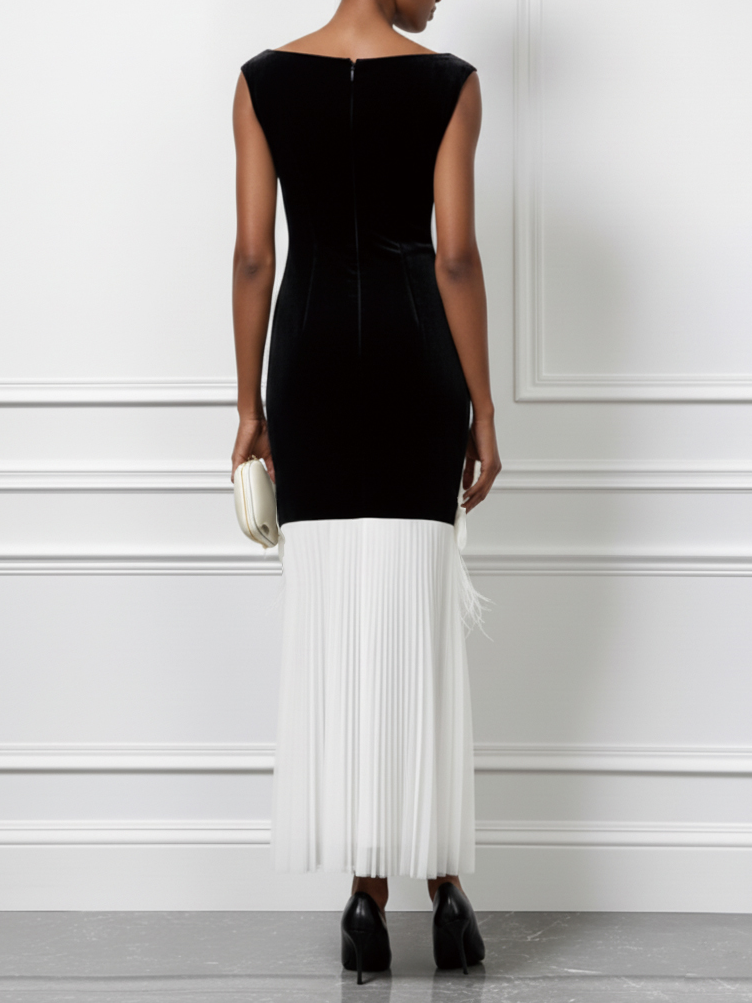 Black Tassel 3D Floral Velvet Boat Neck Sleeveless Mermaid Midi Dress