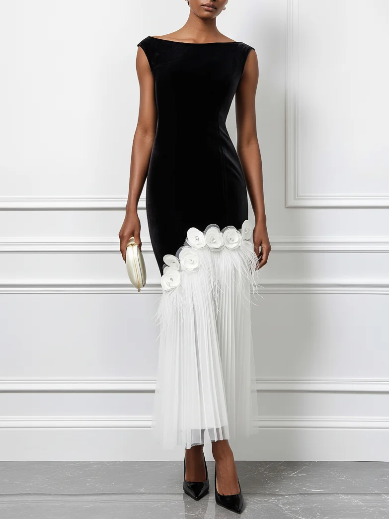 Black Tassel 3D Floral Velvet Boat Neck Sleeveless Mermaid Midi Dress