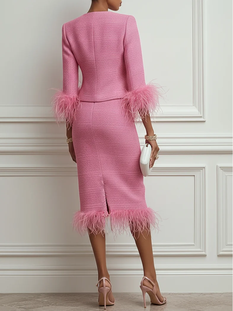 Women Tweed Rose Red Feather-trimmed Buckle Crew Neck Three Quarter Sleeve Dressy Coat With Skirt Two-Piece Set
