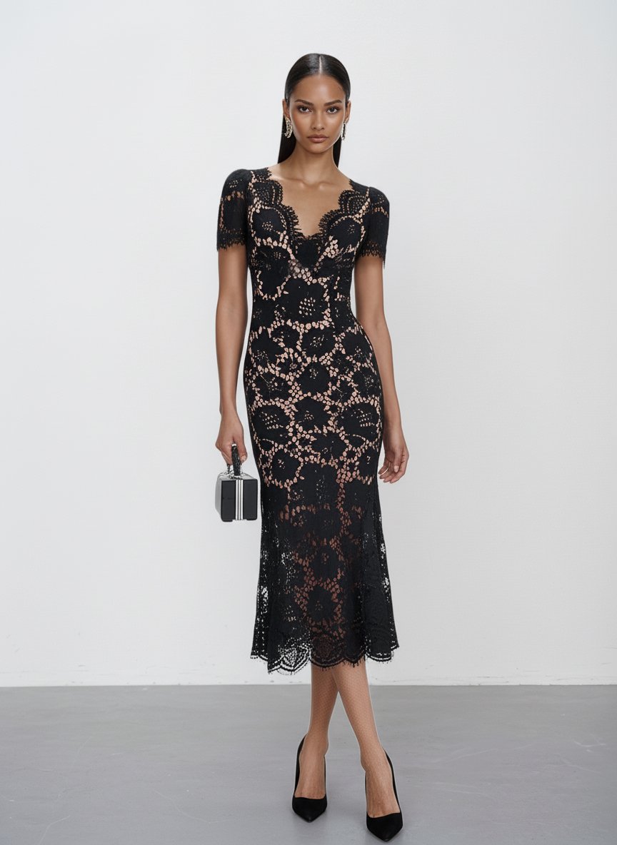 Black Lace Edge Lace V Neck Short Sleeve Mermaid Midi Dress