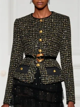 Women Black Tweed Tulle Buckle Stamped Bronzing Crew Neck Long Sleeve Dressy Coat With Skirt Two-Piece Set