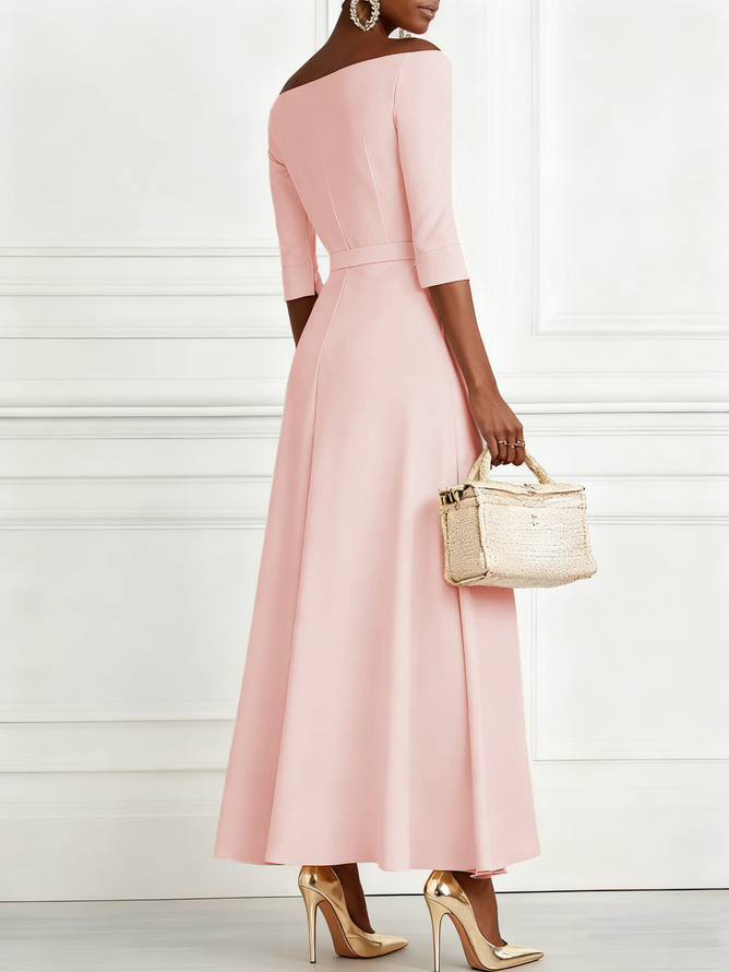Pink Classic Off The Shoulder Half Sleeve A-Line Maxi Dress