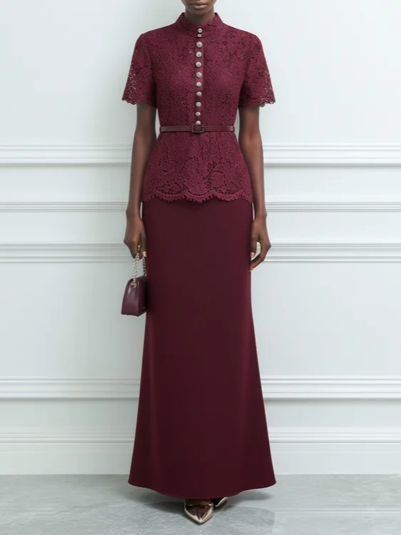 Wine Red Buckle Lace Classic Mock Neck Short Sleeve Mermaid Maxi Dress