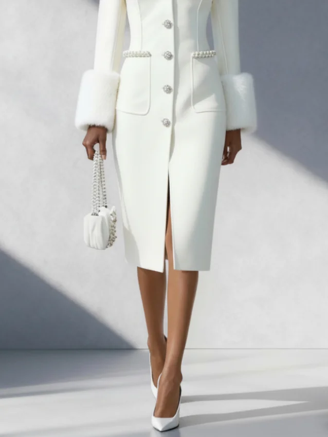 White Pearl Fur Classic Shawl Collar Long Sleeve Sheath Midi Dress