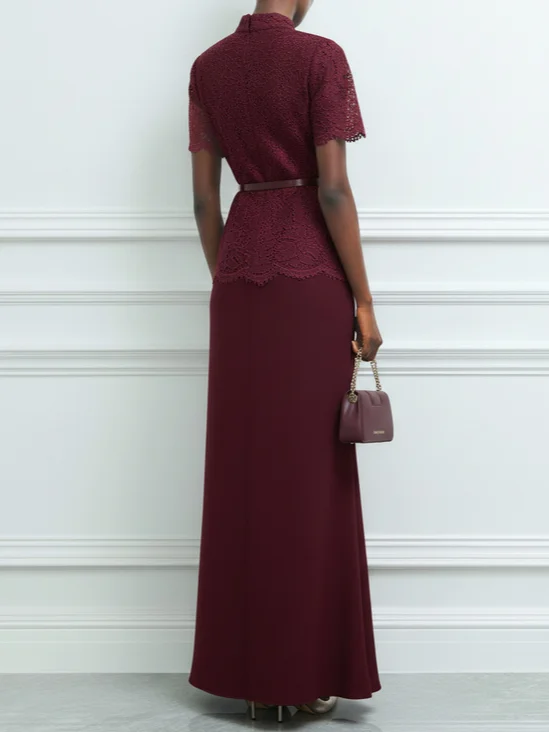 Wine Red Buckle Lace Classic Mock Neck Short Sleeve Mermaid Maxi Dress