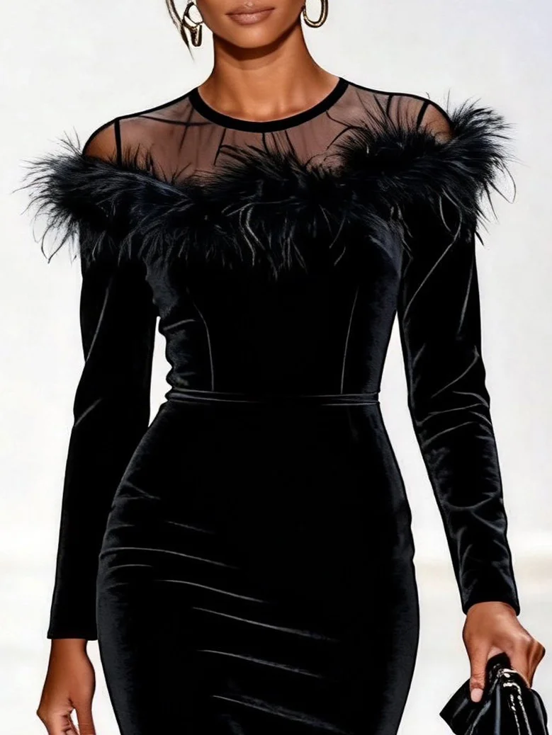 Black Feather-trimmed Mesh Velvet Crew Neck Long Sleeve Sheath Midi Dress