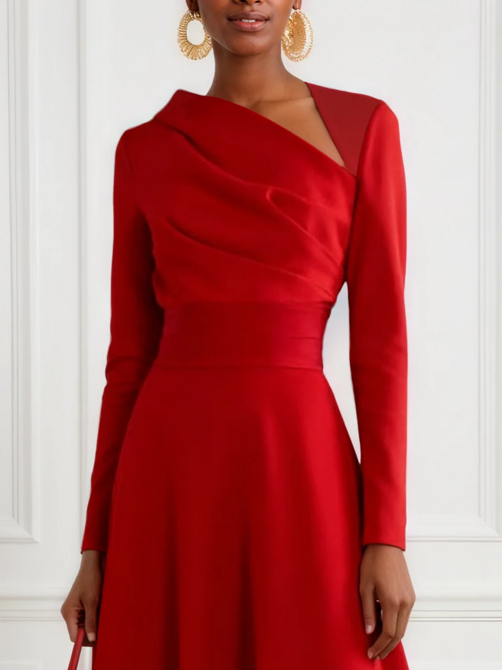 Red Asymmetrical Long Sleeve A-Line Midi Dress