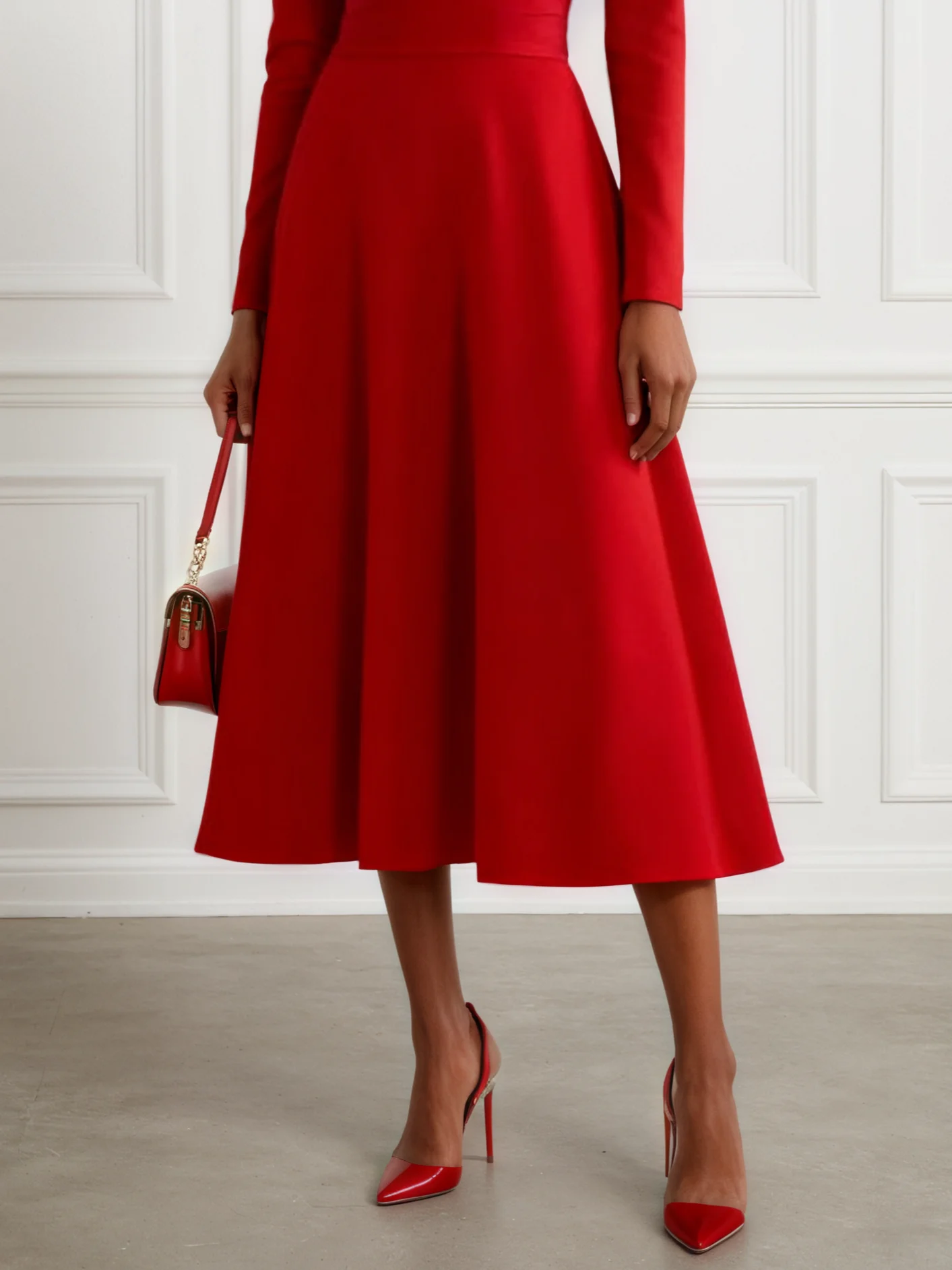 Red Asymmetrical Long Sleeve A-Line Midi Dress
