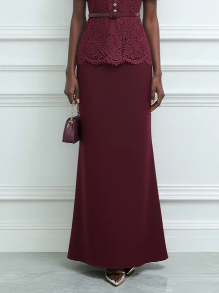 Wine Red Buckle Lace Classic Mock Neck Short Sleeve Mermaid Maxi Dress