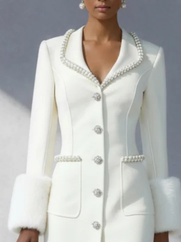 White Pearl Fur Classic Shawl Collar Long Sleeve Sheath Midi Dress
