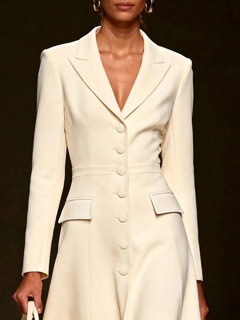 Off White Lapel Collar A-Line Blazer Midi Dress