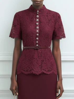 Wine Red Buckle Lace Classic Mock Neck Short Sleeve Mermaid Maxi Dress