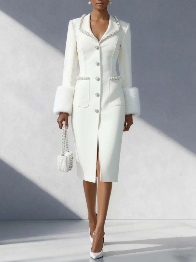 White Pearl Fur Classic Shawl Collar Long Sleeve Sheath Midi Dress