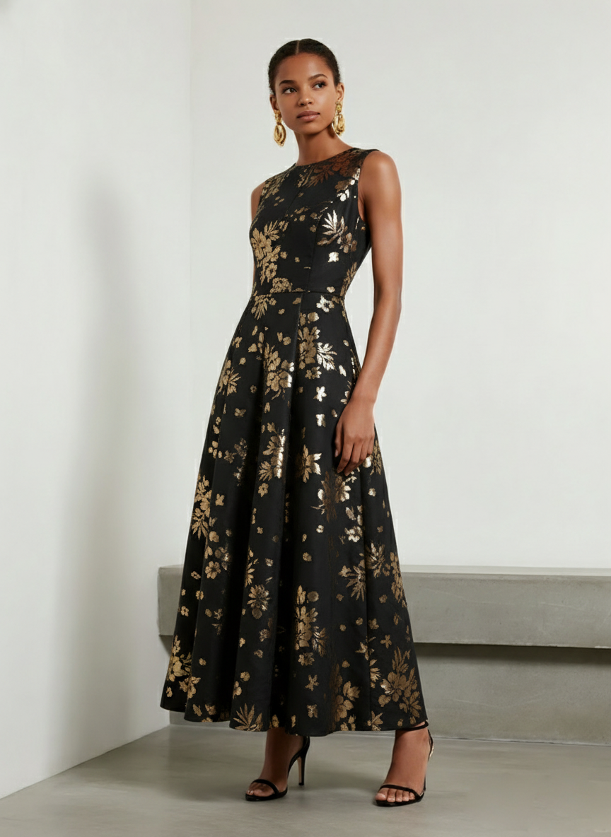 Black Stamped Bronzing Satin Crew Neck Sleeveless A-Line Maxi Dress