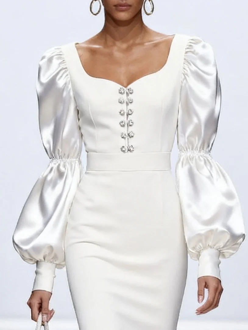 White Rhinestone Sweetheart Neckline Balloon Sleeve Midi Dress