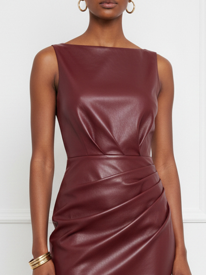 Burgundy Lace Ruched Classic Boat Neck Sleeveless Shift Midi Dress