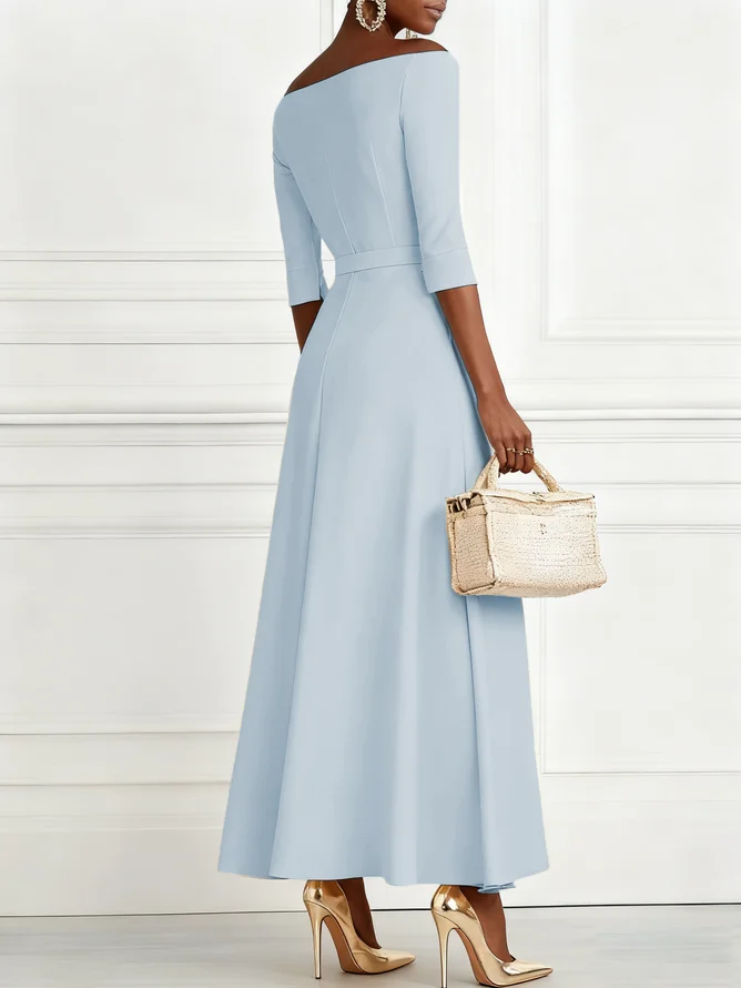 Light Blue Classic Off The Shoulder Half Sleeve A-Line Maxi Dress