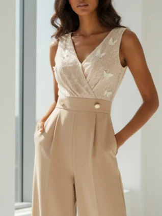 Women Apricot V Neck Sleeveless Jumpsuit