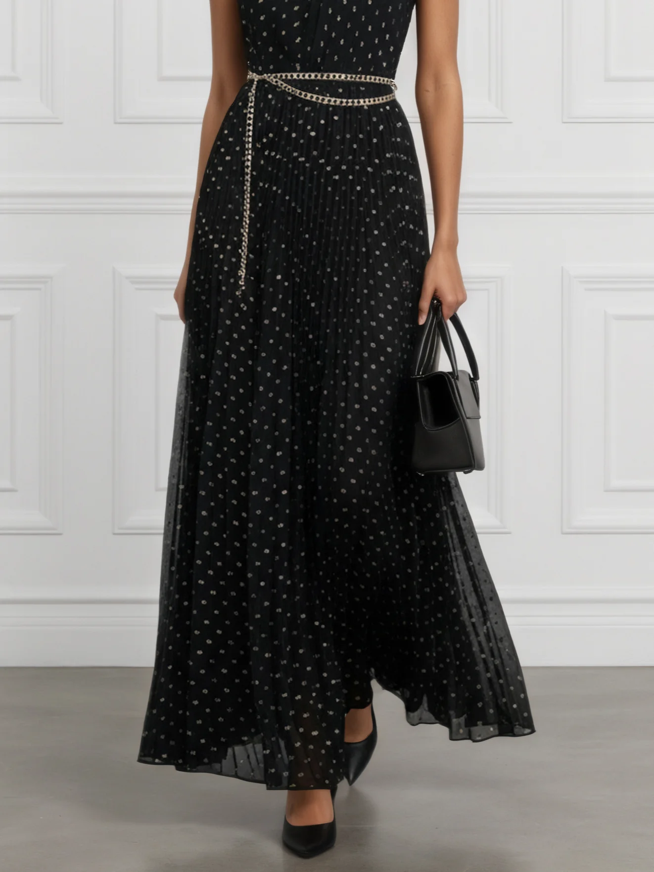 Black Stamped Bronzing Ruched Tulle One Shoulder Sleeveless A-Line Maxi Dress