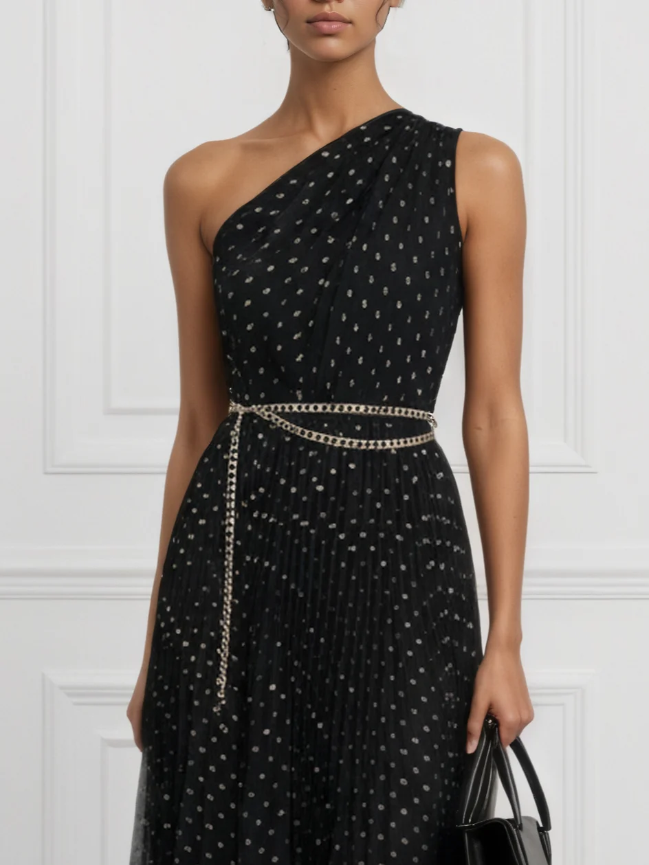 Black Stamped Bronzing Ruched Tulle One Shoulder Sleeveless A-Line Maxi Dress