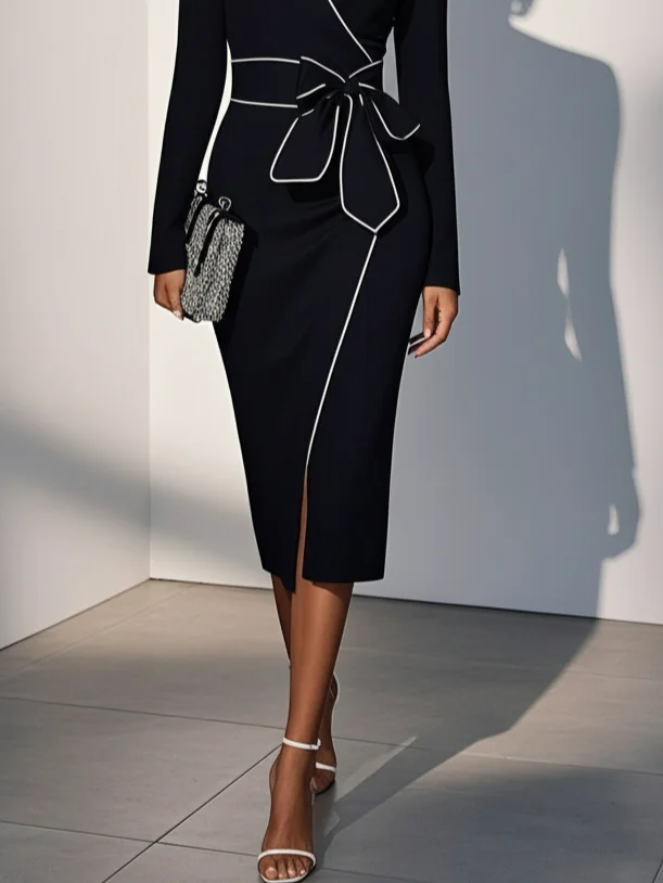 Black Piping Bow Classic V Neck Long Sleeve Sheath Midi Dress