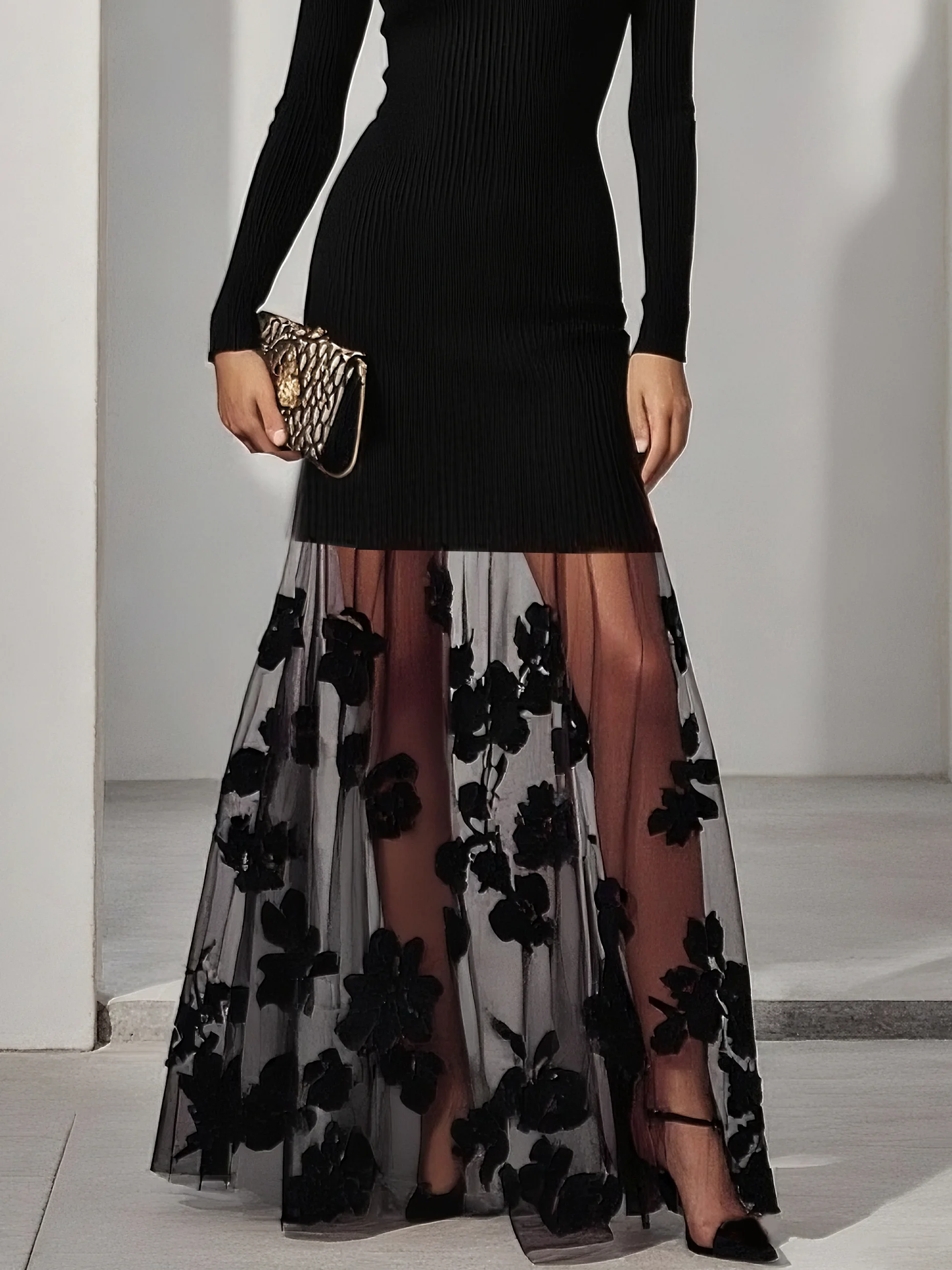 Black Mesh Floral Knit Mock Neck Long Sleeve A-Line Maxi Dress