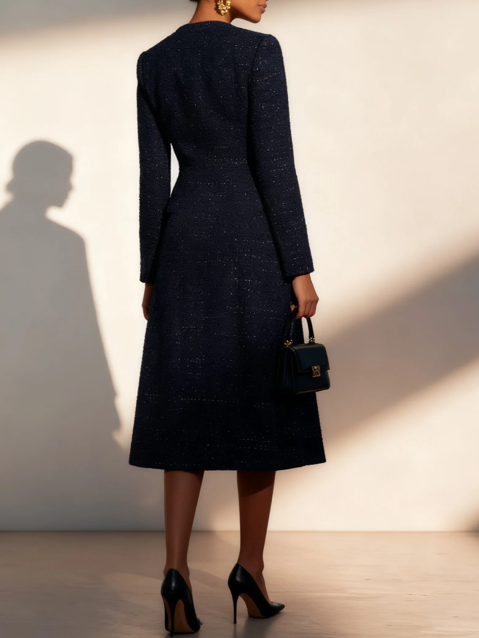 Dark Blue Bow Buckle Tweed Crew Neck Long Sleeve A-Line Midi Dress